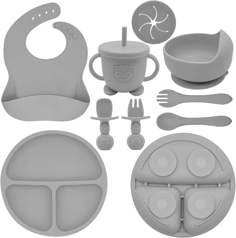Munlinder Silicone Baby Feeding Set | Baby Led Weaning Supplies Includes Suction Bowls and Divided Plates, Adjustable Bib, Baby Utensils Spoons and Forks,Cup | Baby Feeding Essentials (Grey) - Image 1